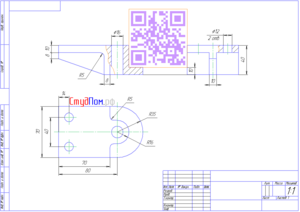 Проекційне креслення: 3 види деталі з отворами, розрізами і розмірами по ГОСТу
