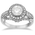 Обручальное кольцо Vintage Diamond Halo в стиле ар-деко из белого золота 585 пробы украшено круглыми бриллиантами цвета GH и чистоты VS2-SI1