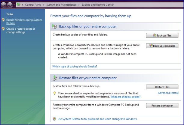 Выполнение полного резервного копирования системы в Windows Vista