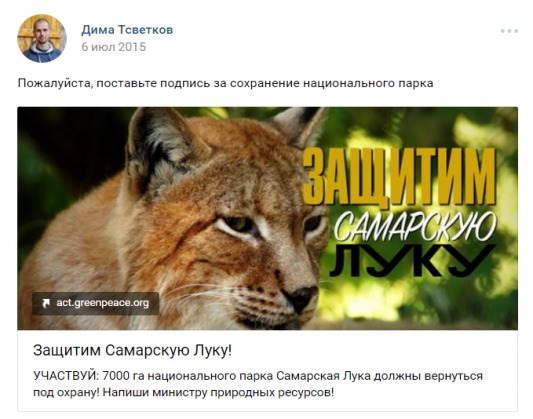 Крім того, на своїй стіні чоловік опублікував статтю проти промислового тваринництва, петиції за збереження національного парку «Самарська Лука» і створення парку в Санкт-Петербурзі